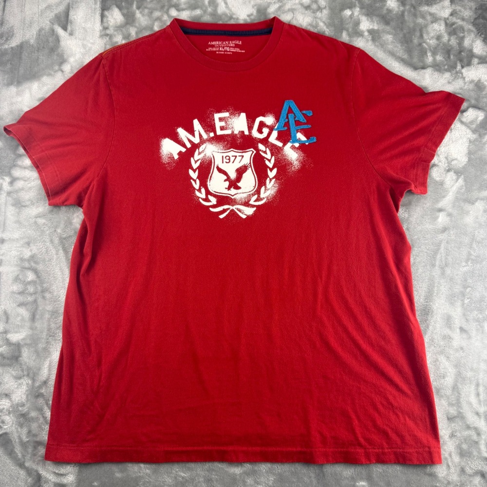 American Eagle Mens XL Red Graphic T-Shirt AE 1977 Crest Logo 100%‎ Cotton